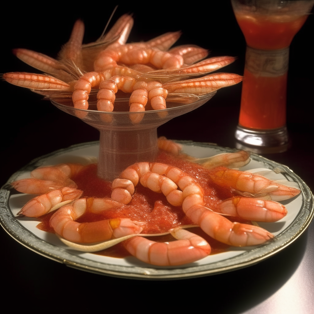 A martini glass filled with shrimp cocktail sauce surrounded by jumbo shrimp on a glittering platter at a glamorous 1950s Hollywood party