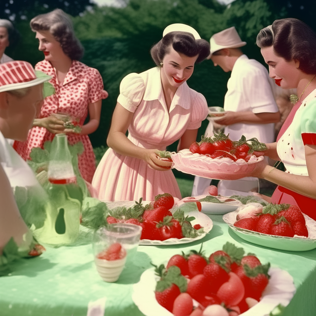 A molded strawberry salad with whipped cream and mint leaves on a table at a 1950s garden party with people in vintage outfits