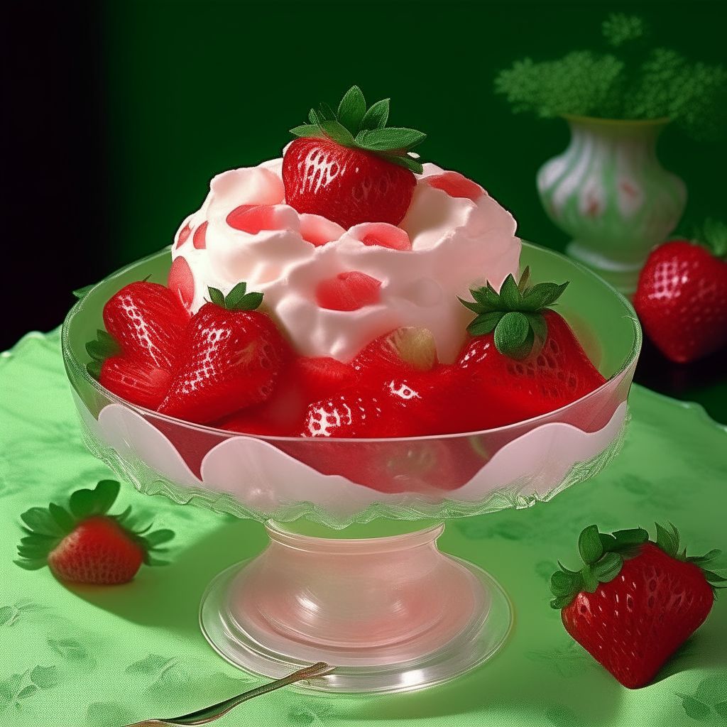 Molded Strawberry Salad is a vibrant centerpiece of a summer 1950s party capturing the essence of the era's optimism. Juicy strawberries and whipped cream form delicate molds, crowned with fresh mint leaves. This salad is a delightful blend of nostalgia and sweetness. 1950s