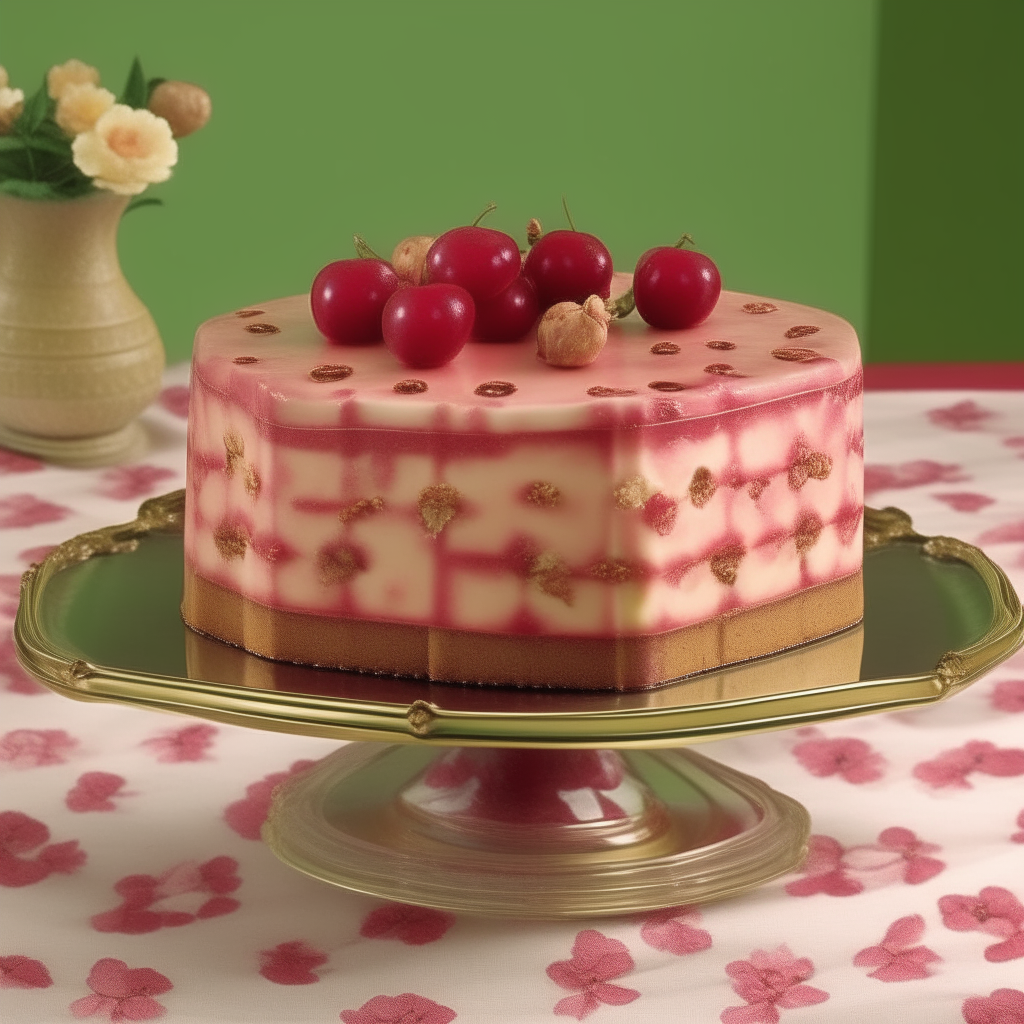 Cherry Nut Cake. Image Description: Transport yourself to a 1950s kitchen with a pastel-colored tile backsplash. Our Cherry Nut Cake, adorned with maraschino cherries and chopped nuts, sits on a retro cake stand. The warm, inviting ambiance of the time is captured in this delightful dessert. 1950s