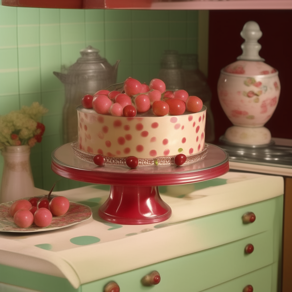 Cherry Nut Cake on a cake stand in a 1950s kitchen with pastel tile backsplash. The cake is decorated with maraschino cherries and chopped nuts and looks warm and inviting. 1950s