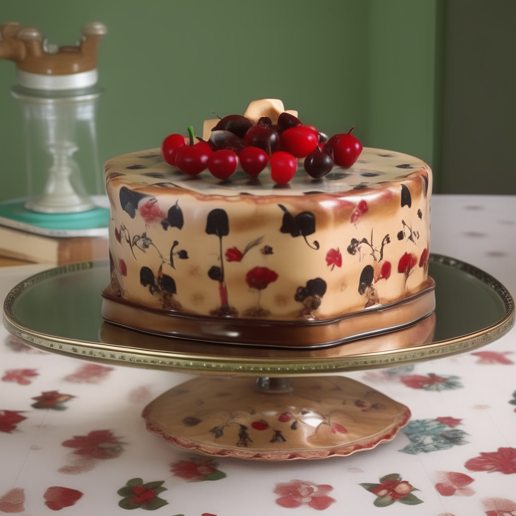 Cherry Nut Cake on a cake stand in a 1950s kitchen with the pattern removed from the side of the cake