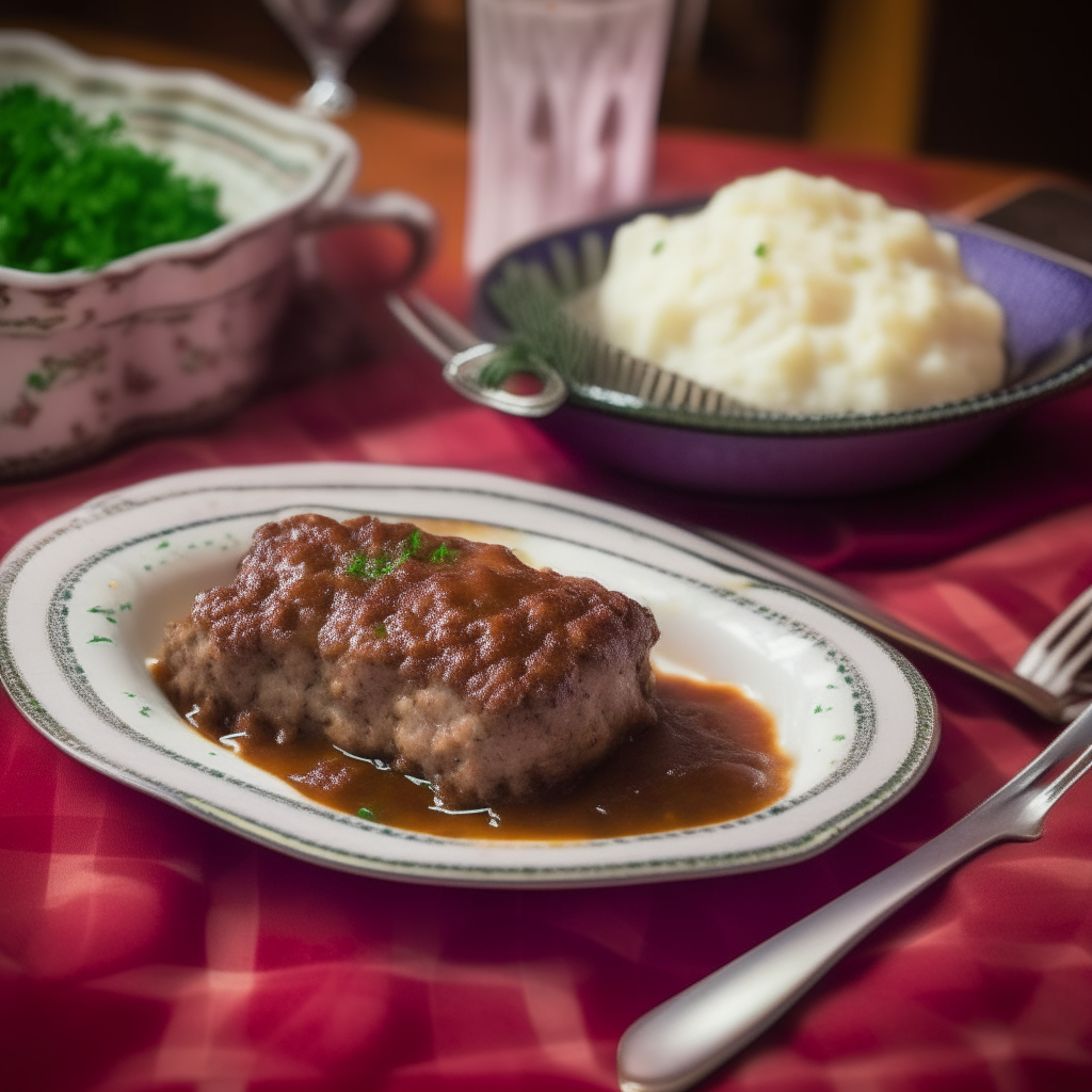 Meatloaf and mashed potatoes served on a vintage 1950s kitchen table. The meatloaf is perfectly browned and sliced, next to a generous portion of creamy mashed potatoes. The table has a red and white checkered tablecloth and vintage dinnerware, creating a cozy 1950s American dining aesthetic. 1950s