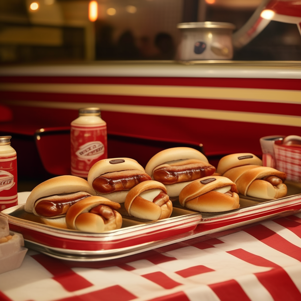 A platter of pigs in a blanket served in a 1950s diner. The mini sausages are wrapped in flaky, golden crescent roll blankets. There are red and white checkered tablecloths and a retro jukebox in the background. 1950s