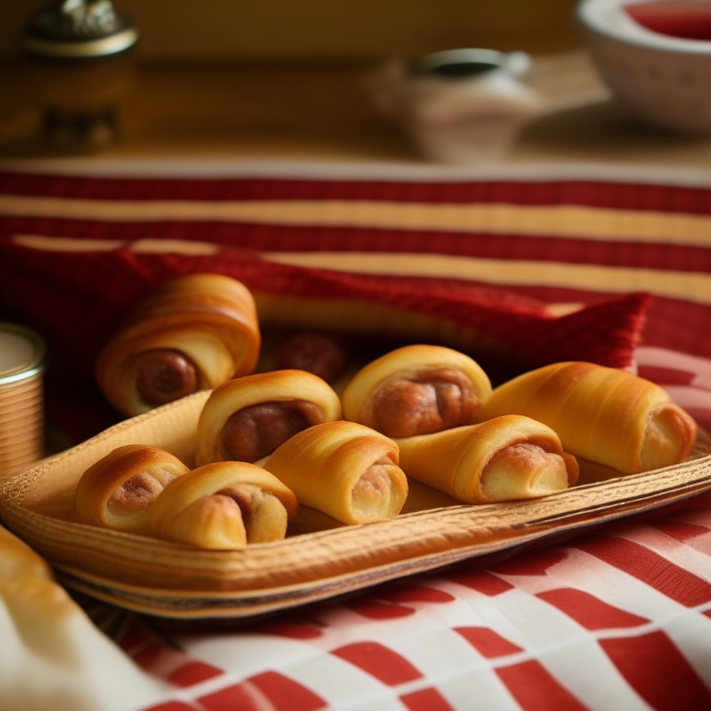 A platter of natural looking pigs in a blanket with consistent golden brown sausage rolls served on a red and white checkered tablecloth