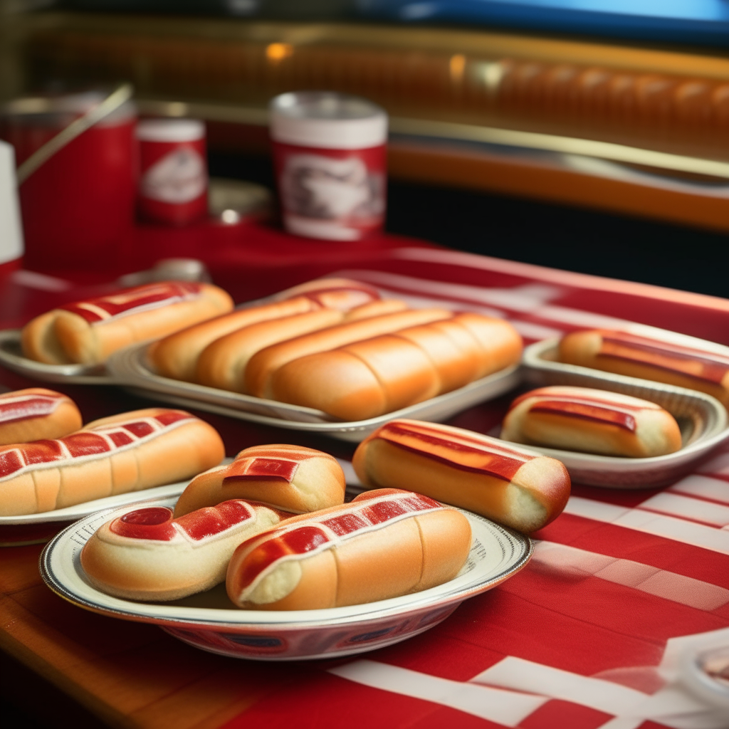 A platter of pigs in a blanket served in a 1950s diner. The mini sausages are wrapped in flaky, golden crescent roll blankets with the sausage inside and rolls covering the sausages except the edges. There are red and white checkered tablecloths and a retro jukebox in the background.