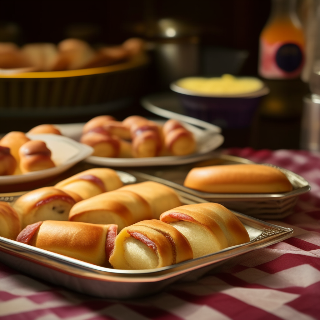 Pigs in a Blanket mini sausages inside flaky, golden crescent roll blankets on a platter, with a vintage 1950s diner setting including checkered tablecloths and a jukebox in the background