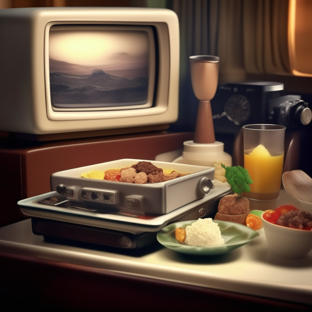 A 1950s style TV dinner tray with a brownie in the dessert compartment, next to sections with vegetables, mashed potatoes and meat. A vintage TV set in the background. depth of field, cinematic lighting, photorealistic