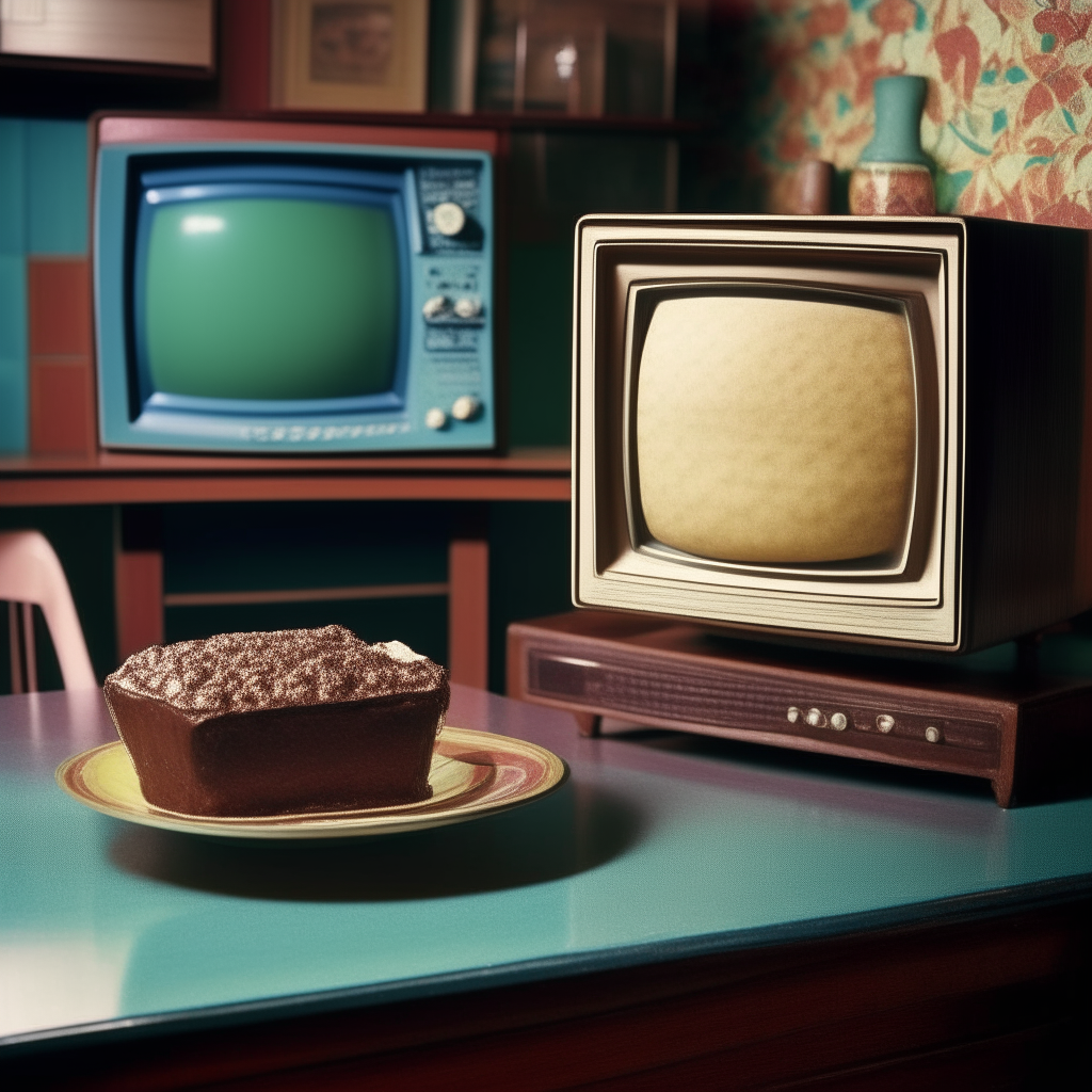 A perfectly baked large brownie sitting on a TV dinner tray in front of one vintage 1950s color television creating a nostalgic ambiance