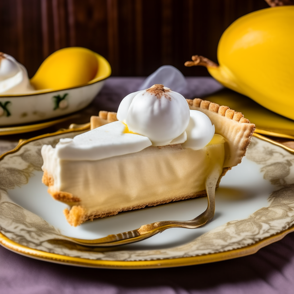 A slice of banana cream pie sitting on a vintage 1950s plate. The pie has a golden, flaky crust and is filled with creamy banana custard, topped with whipped cream and a banana slice. 1950s