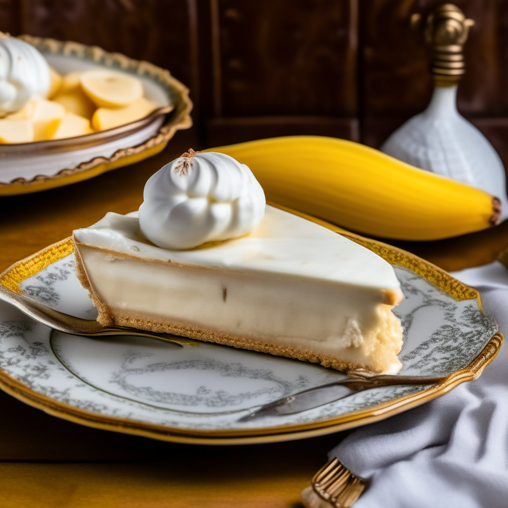 A slice of banana cream pie sitting on a vintage 1950s plate. The pie has a golden, flaky crust and is filled with creamy banana custard, topped with whipped cream and a banana slice.