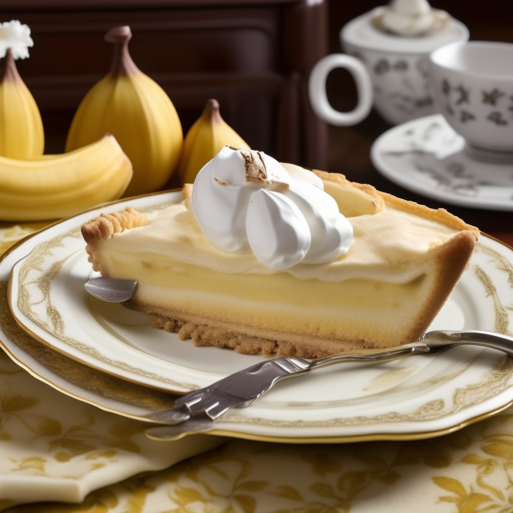 A sumptuous slice of Banana Cream Pie, showcased on an elegant vintage porcelain plate. The golden-brown, flaky crust gently cradles the luscious banana-infused cream filling. Crowned with a generous dollop of whipped cream and adorned with a ripe banana slice, this dessert captures the nostalgia and elegance of the 1950s era.