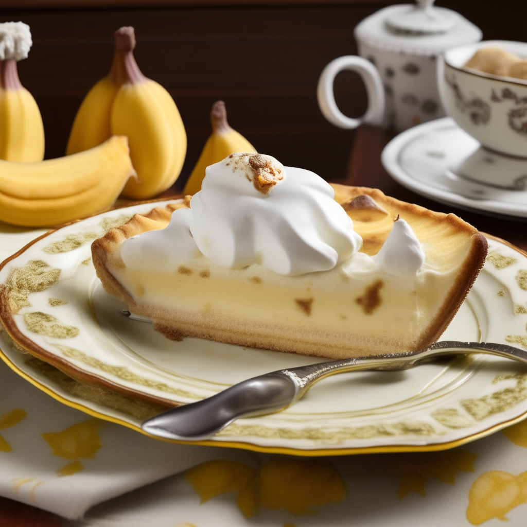 A sumptuous slice of Banana Cream Pie, showcased on an elegant vintage porcelain plate made of ceramic. The golden-brown, flaky crust gently cradles the luscious banana-infused cream filling. Crowned with a generous dollop of whipped cream and adorned with a ripe banana slice, this dessert captures the nostalgia and elegance of the 1950s era.