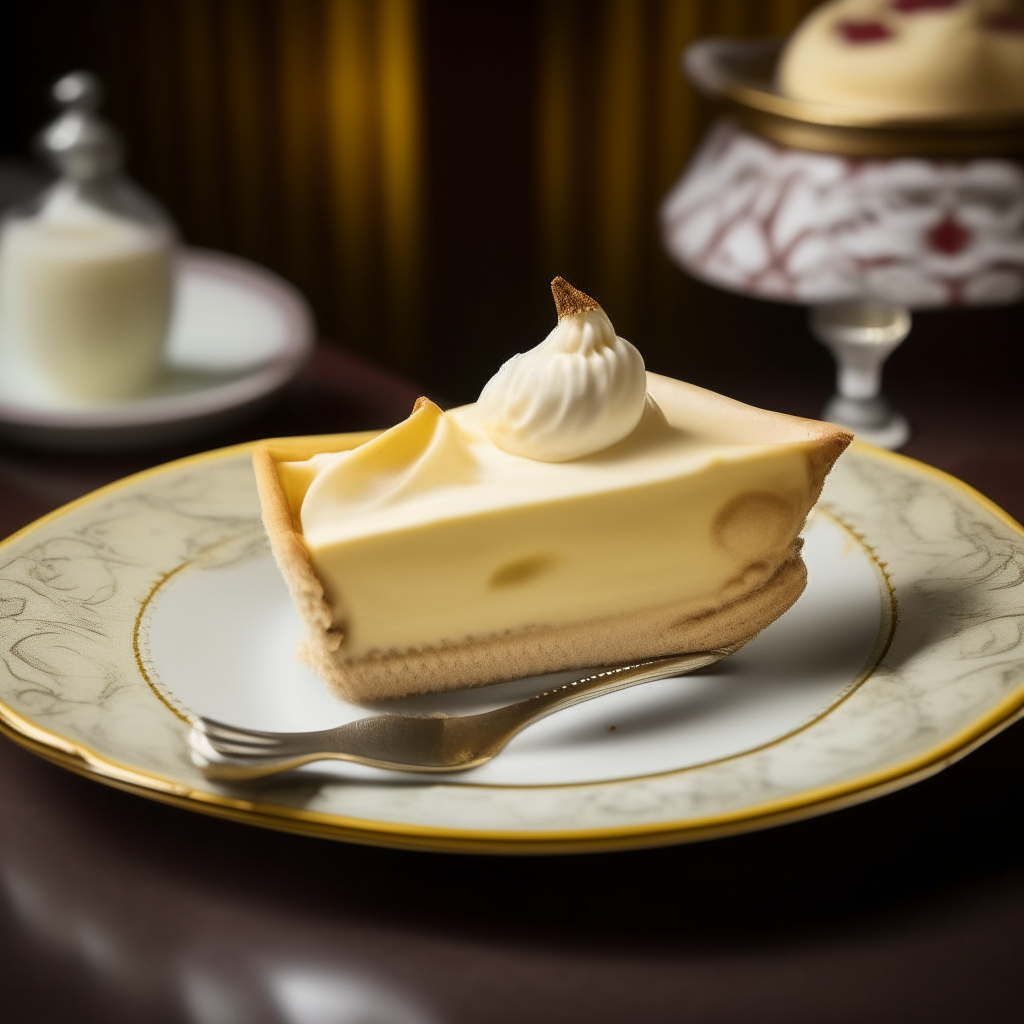 A slice of banana cream pie with whipped cream on a vintage porcelain plate, soft lighting, detailed, photorealistic 1950s diner aesthetic