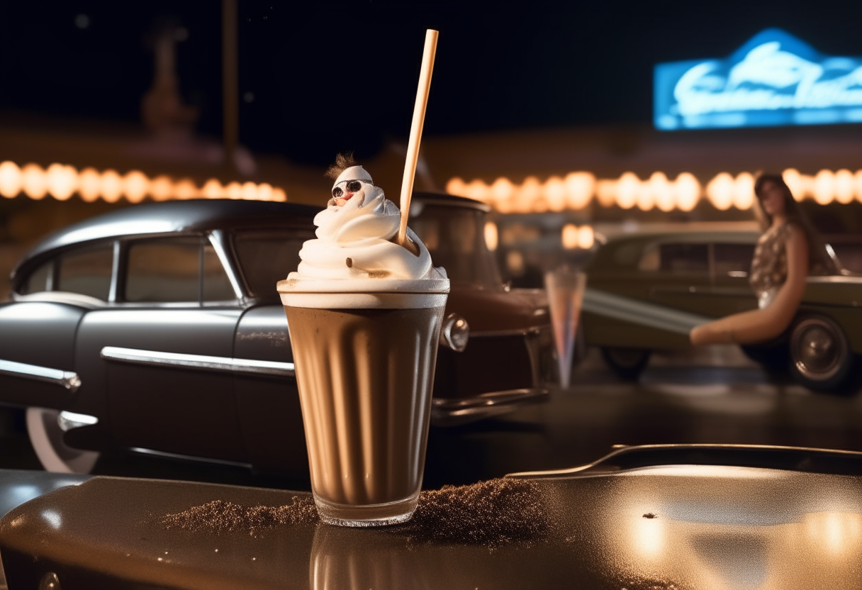 A root beer float in a tall glass filled with vanilla ice cream and fizzy root beer with a straw and spoon inside. 1950s drive in movie scene in the background showing vintage cars and a large outdoor movie screen under a starry night sky.