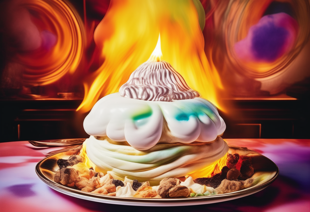 A towering Baked Alaska dessert with flames rising up the sides against a psychedelic background of colorful swirls and 1960s music album covers