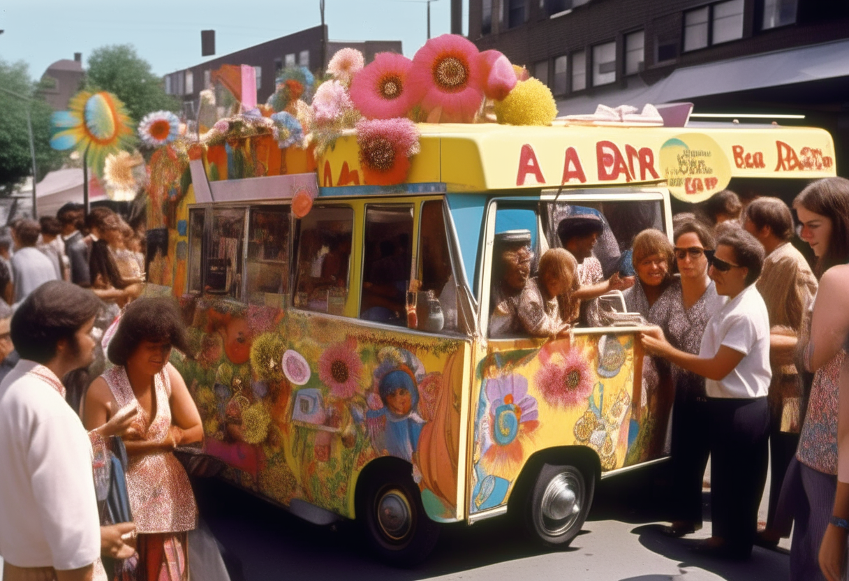 A colorful and bustling 1960s street scene with a crowd gathered around a flower power falafel food truck painted with peace signs and flowers. People from diverse backgrounds smiling and enjoying falafel sandwiches in the warm golden sun.