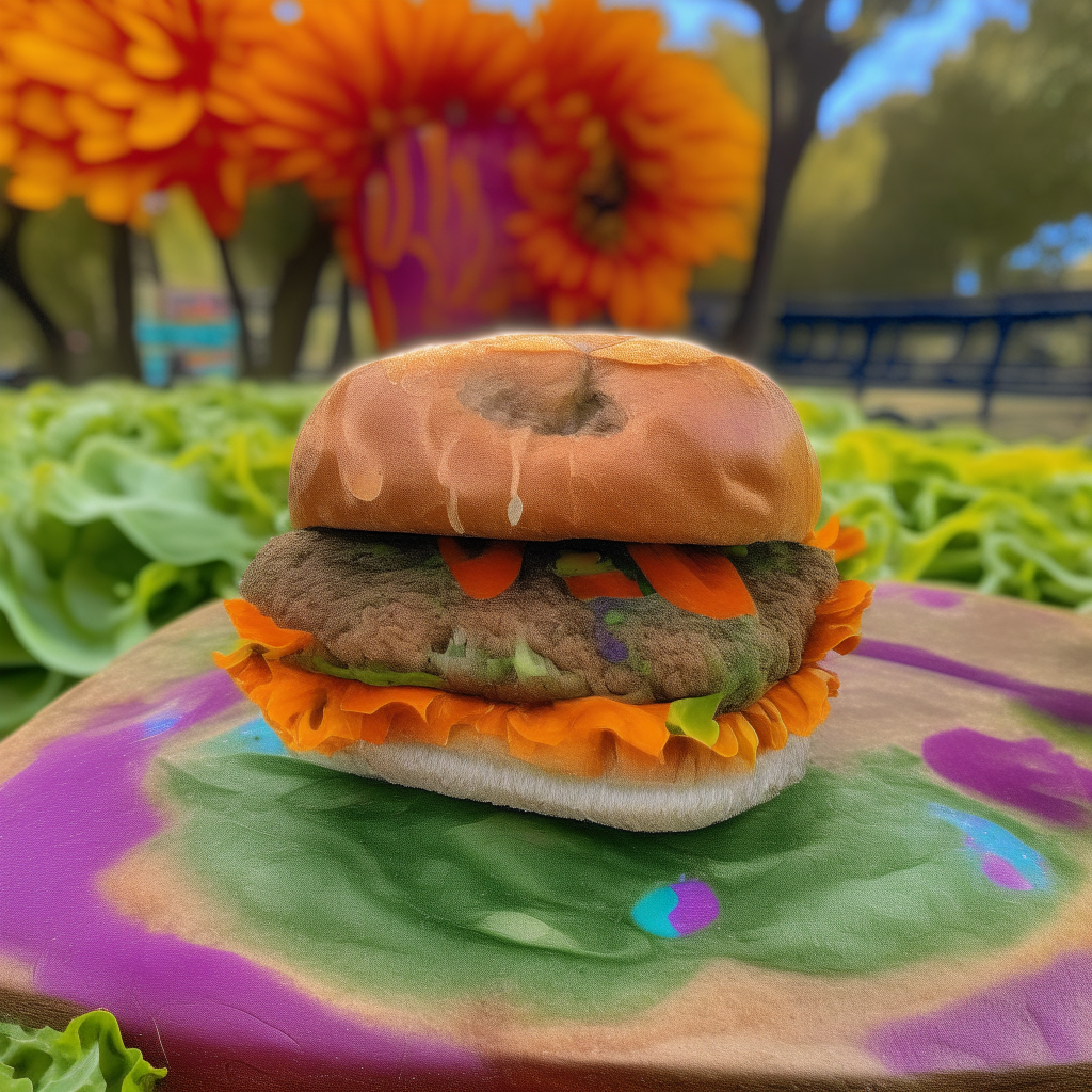 A flower power falafel sandwich sitting on a park bench with psychedelic swirls and patterns in the background.