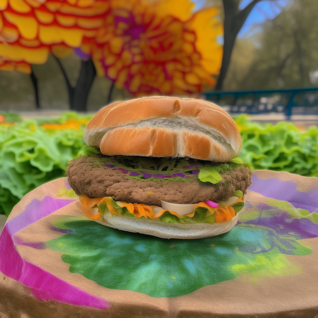 A flower power falafel sandwich sitting on a park bench with psychedelic swirls and patterns in the background. The falafel is inside a round pita bread instead of a bun.