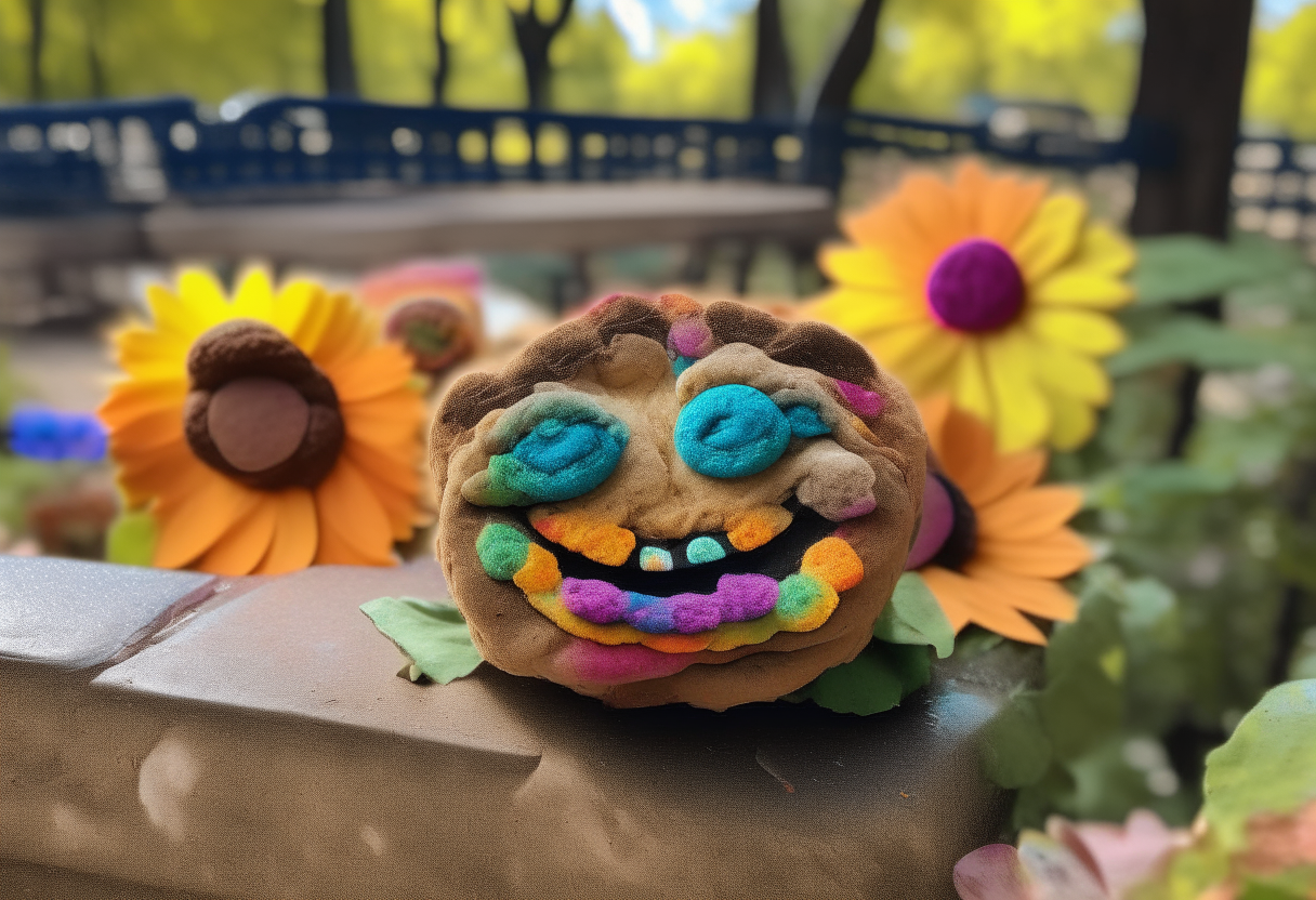 A flower power falafel sitting on a park bench covered in pita bread. The falafel is smiling and has googly eyes. The park has trees with rainbow colored leaves and mushrooms. The sky is tie dye. Everything is highly detailed and vivid.