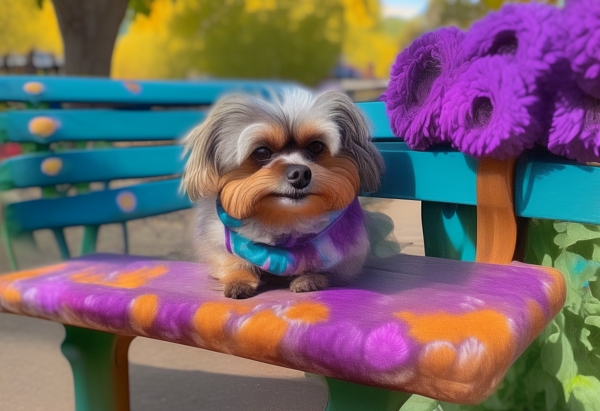 A pit falafel sitting alone on a park bench. The falafel has a sad facial expression. Behind the bench colorful psychedelic flowers bloom. The sky is tie dye swirls of purple, blue, pink and orange.