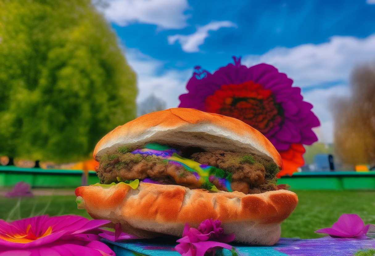 A pita falafel sandwich sitting on a park bench, with vibrant psychedelic flowers in the background and a sky with swirling psychedelic colors