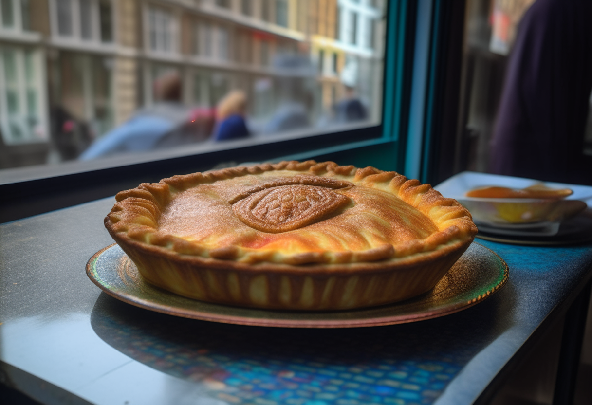 A meat pie with a golden brown, psychedelic patterned crust sitting on a plate in a British cafe window. People dressed in 60s fashion walk by outside on a colorful London street.