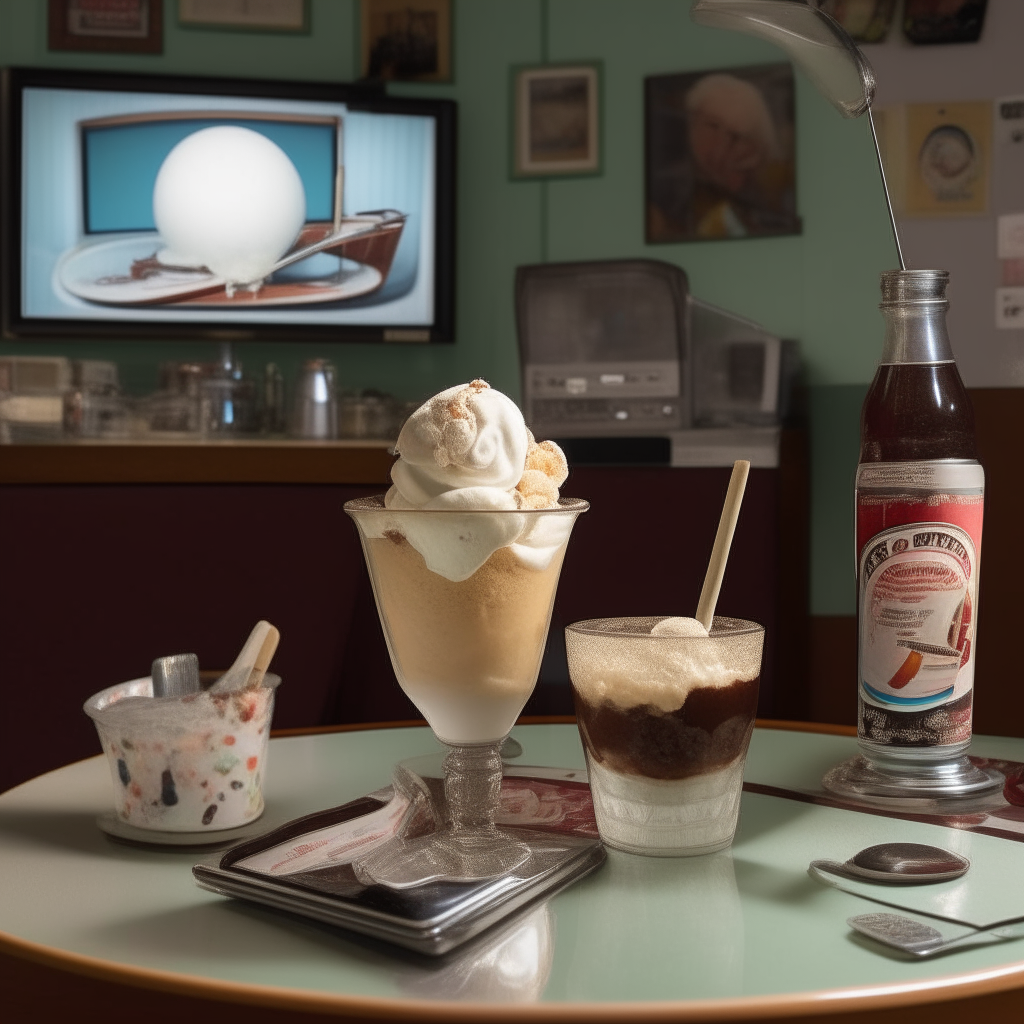 A sundae with vanilla and chocolate ice cream, syrup, and a cherry sitting in a glass dish on a coffee table in a 1960s living room with NASA posters and moon landing on the vintage TV.