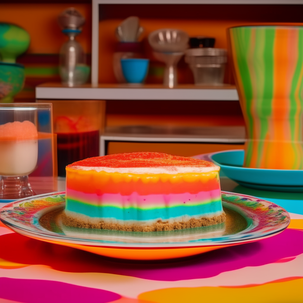 A psychedelic 1960s kitchen with a retro layered pudding dessert that has vibrant neon colored layers of pudding, whipped cream, and sprinkles on a serving platter.