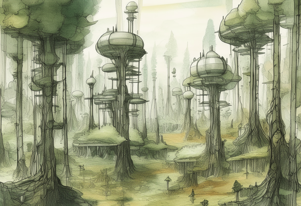 a pen and watercolor landscape showing a forest in Arboria, with robotic chelons, mechaninas and avian itineris visible amongst the trees