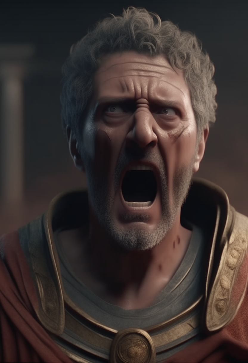 Roman Emperor Tiberius with angry face with open mouth furious cinematic 8k realistic