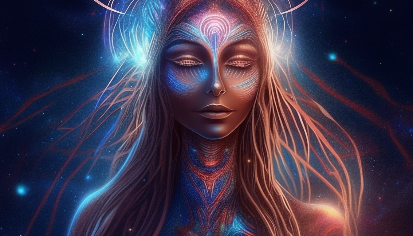 A beautiful Arcturian alien goddess with incredibly long, intricate flowing hair, projecting beams of rainbow colored light from her large glowing eyes, demonstrating unbelievable mind control powers across the vast starry cosmos, extremely detailed 4k illustration, epic fantasy style