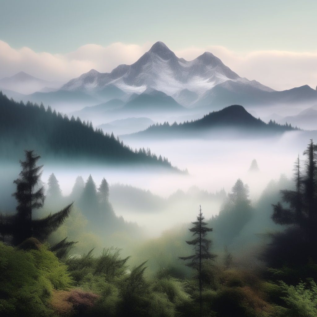 a scenic vista showing snow-capped mountain peaks shrouded in mist with an enchanted forest in the foreground