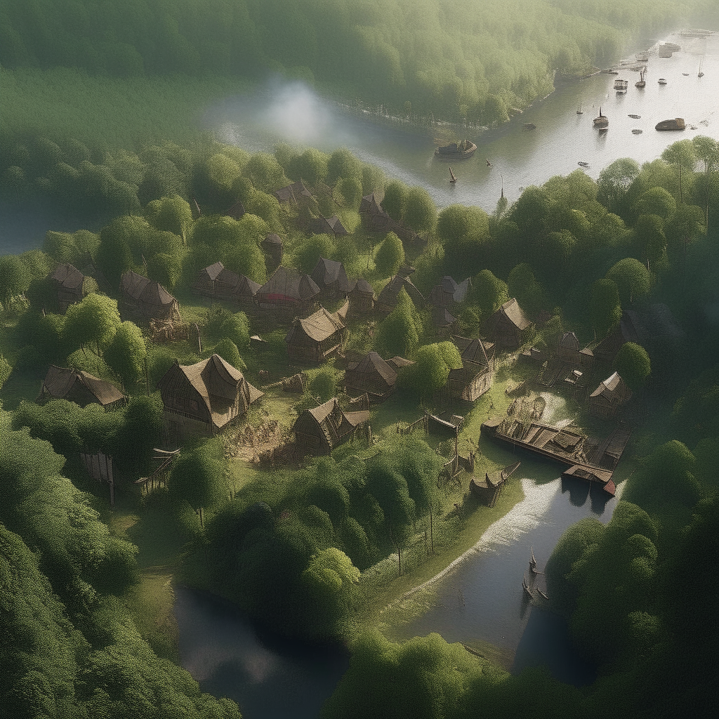 an aerial view of a bustling riverside settlement nestled between towering trees