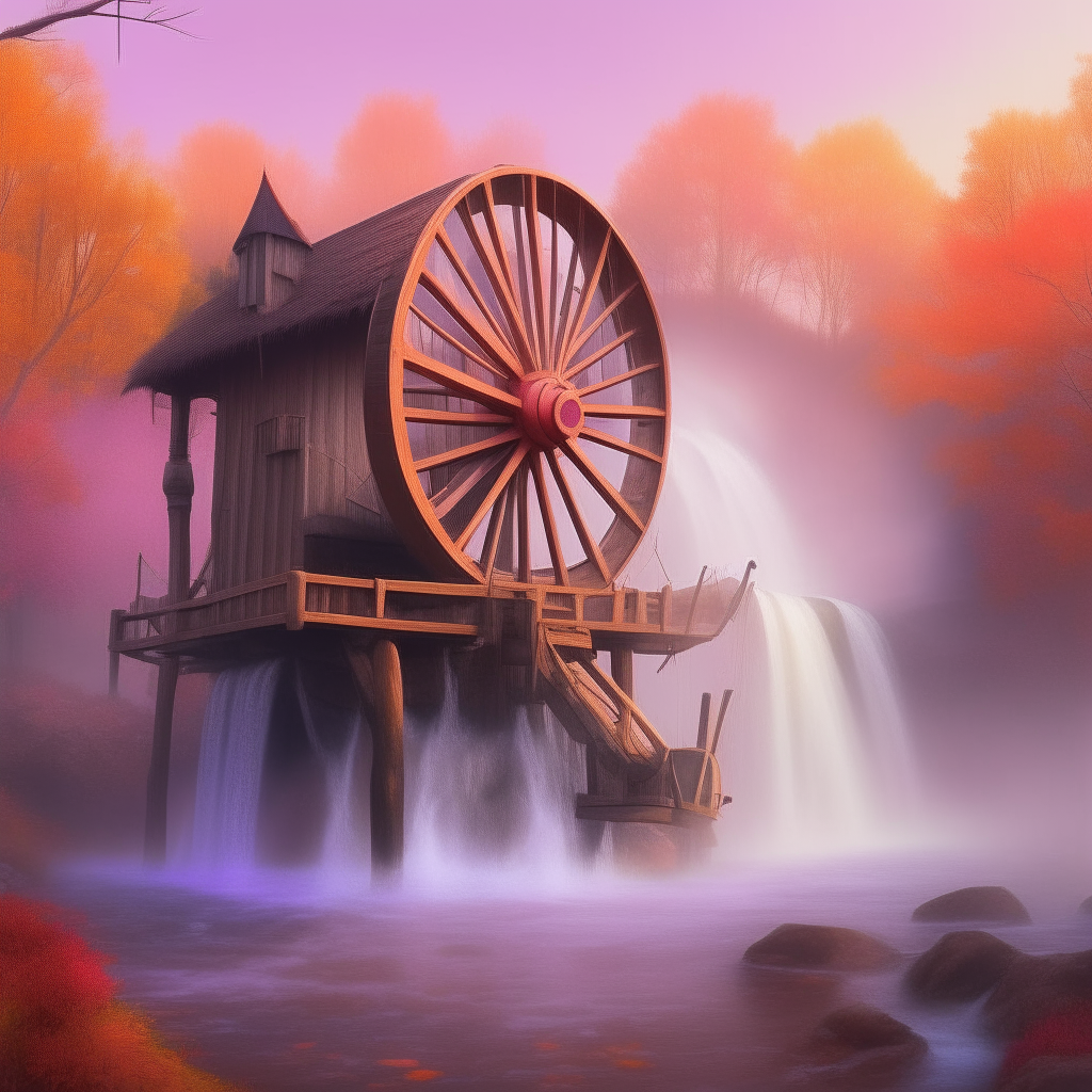 A towering wooden water mill nestled beside a rushing river, its great waterwheel churning steadily as billows of mist rise from the falls. Gears and pipes adorn the sides, hinting at the mill's industrious purpose. Streaks of vibrant color arc across the sky above in shades of orange, pink and purple like a painter's palette turned celestial.