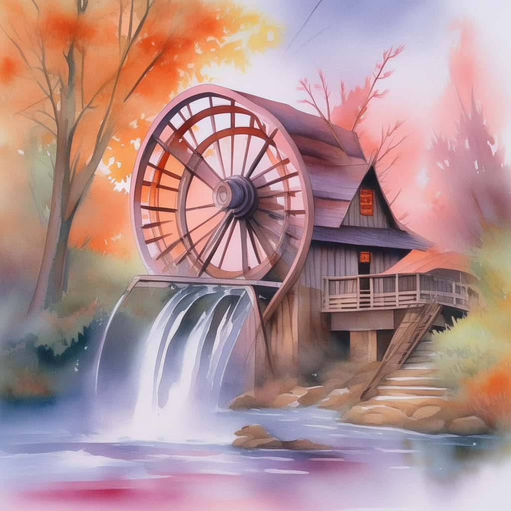 A watercolor painting of the towering wooden water mill nestled beside the rushing river, its great waterwheel churning steadily as billows of mist rise from the falls. Streaks of vibrant color arc across the sky above in shades of orange, pink and purple like a painter's palette turned celestial.