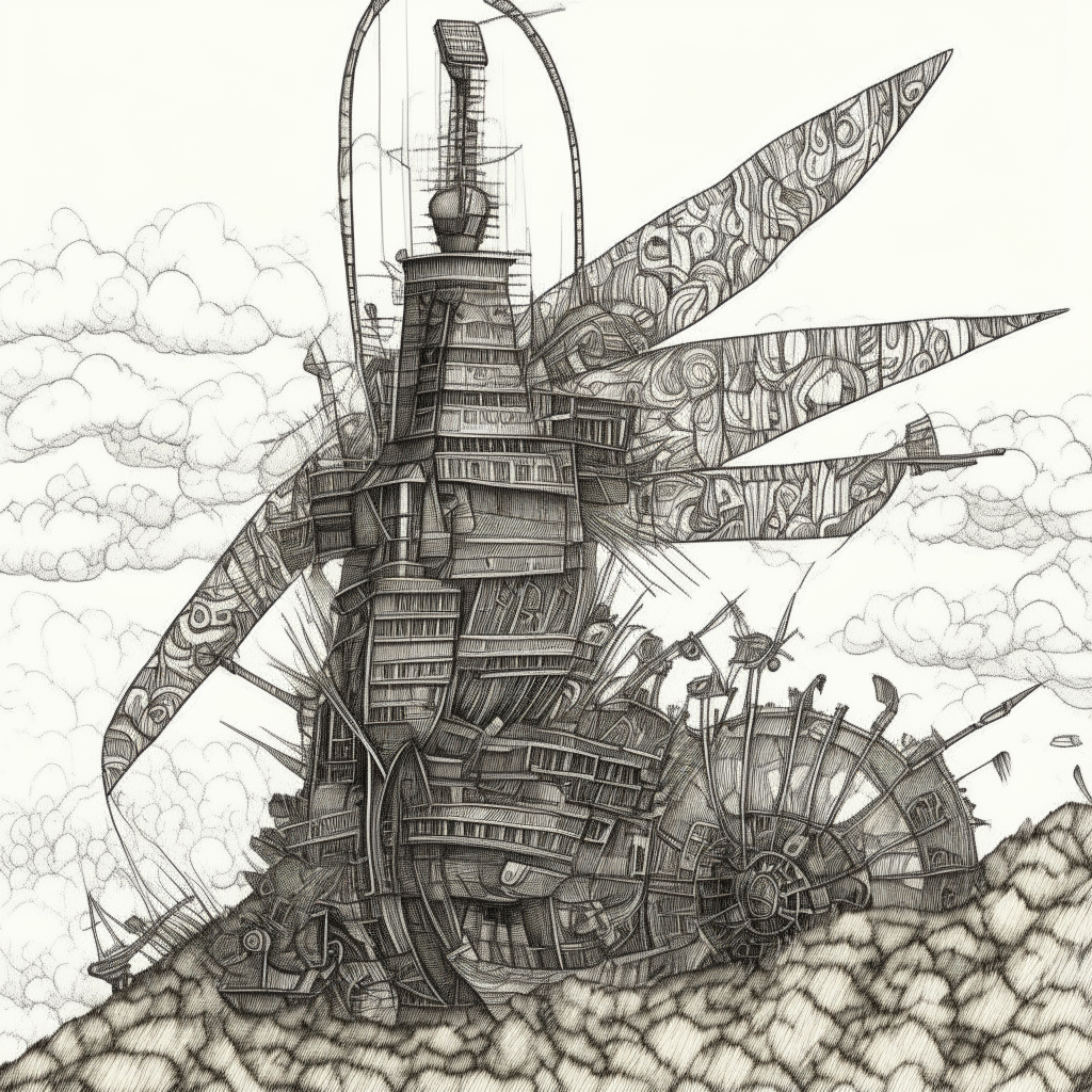 A detailed pen and ink illustration of an enormous steampunk windmill towering over rolling hills, its massive sails turning slowly as gears and pipes adorn its sturdy frame against a sky filled with billowing clouds.