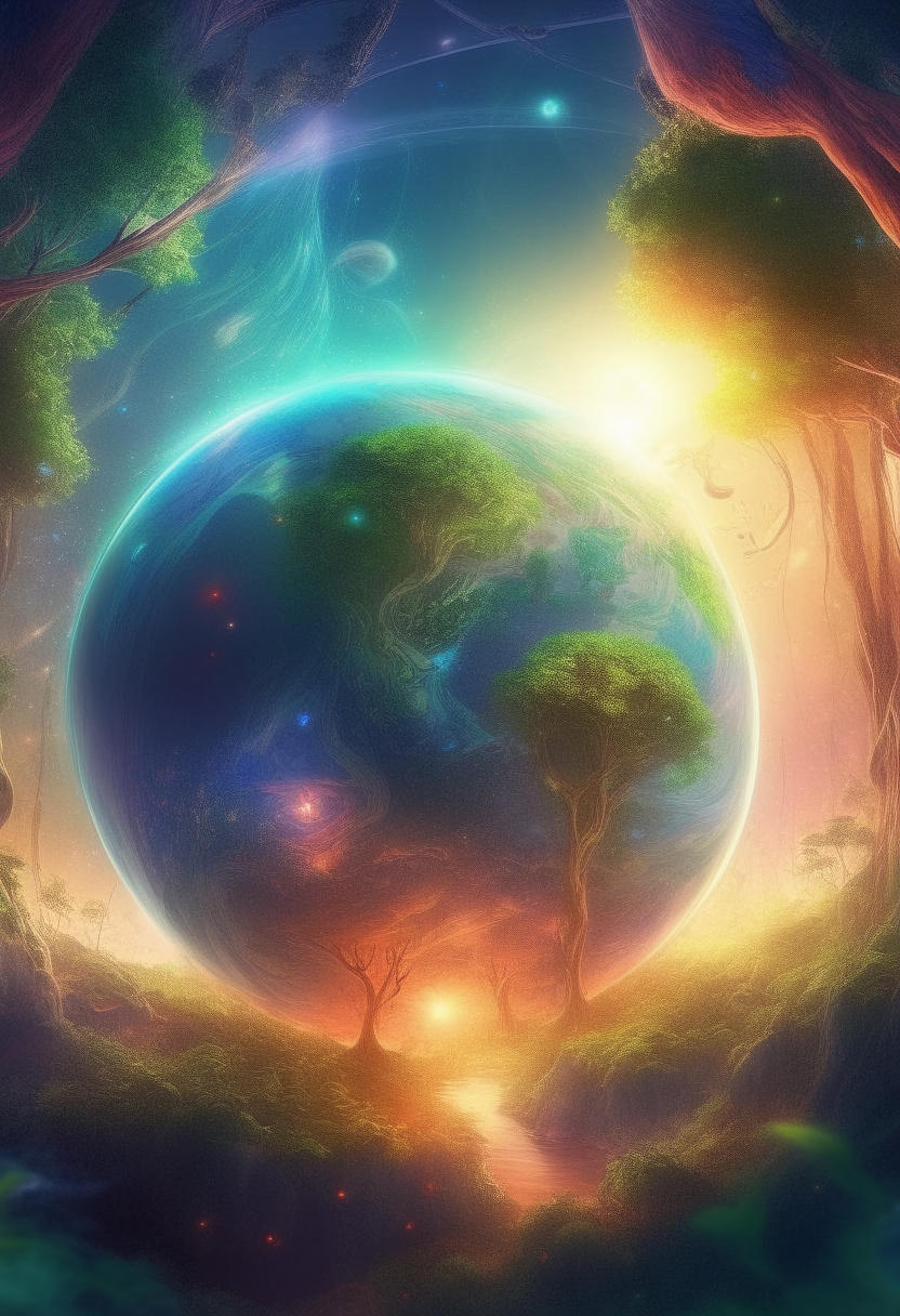 ultra realistic illustration of magical spiritual world and planet earth and planet arcturus, space graphics art in background,magical forest,concept art,intricate details, highly detailed, iridescent, global illumination, fantasy, smooth, sharp focus, colorful lights, elegant, digital painting
