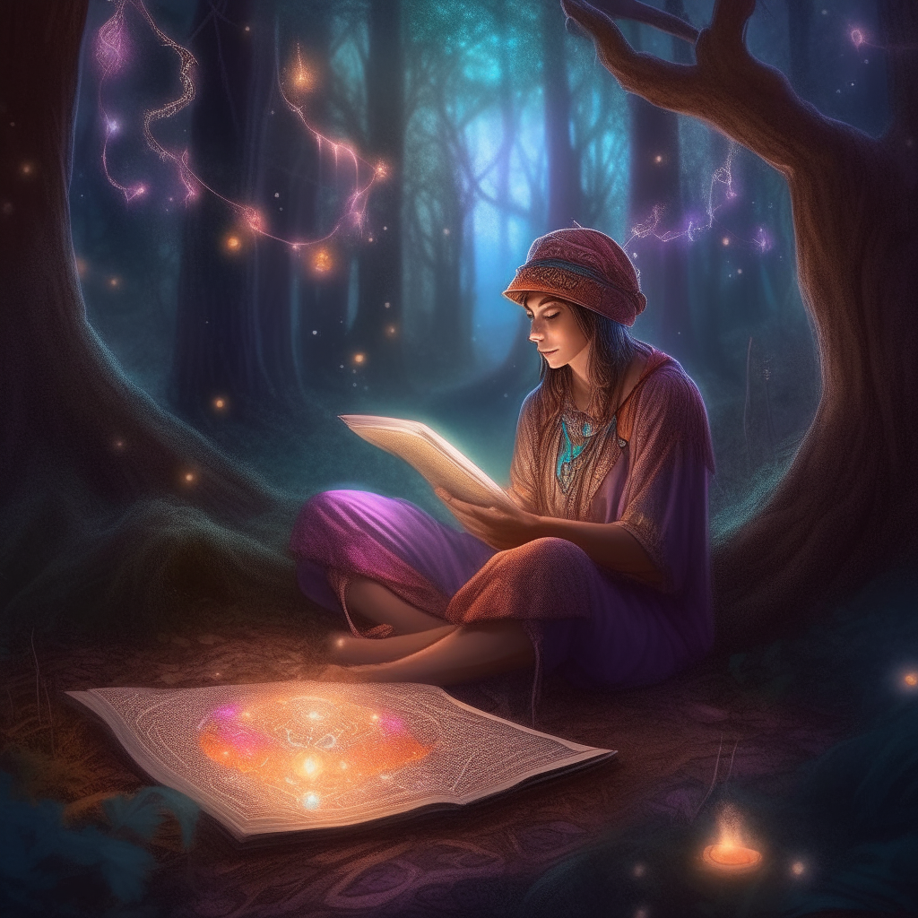 ultra realistic illustration of a magical spiritual psychic reader who came from Arcturus, working on Earth. They sit in a magical forest under colorful lights, deep in a meditative reading. Intricate space graphics glow in the background.