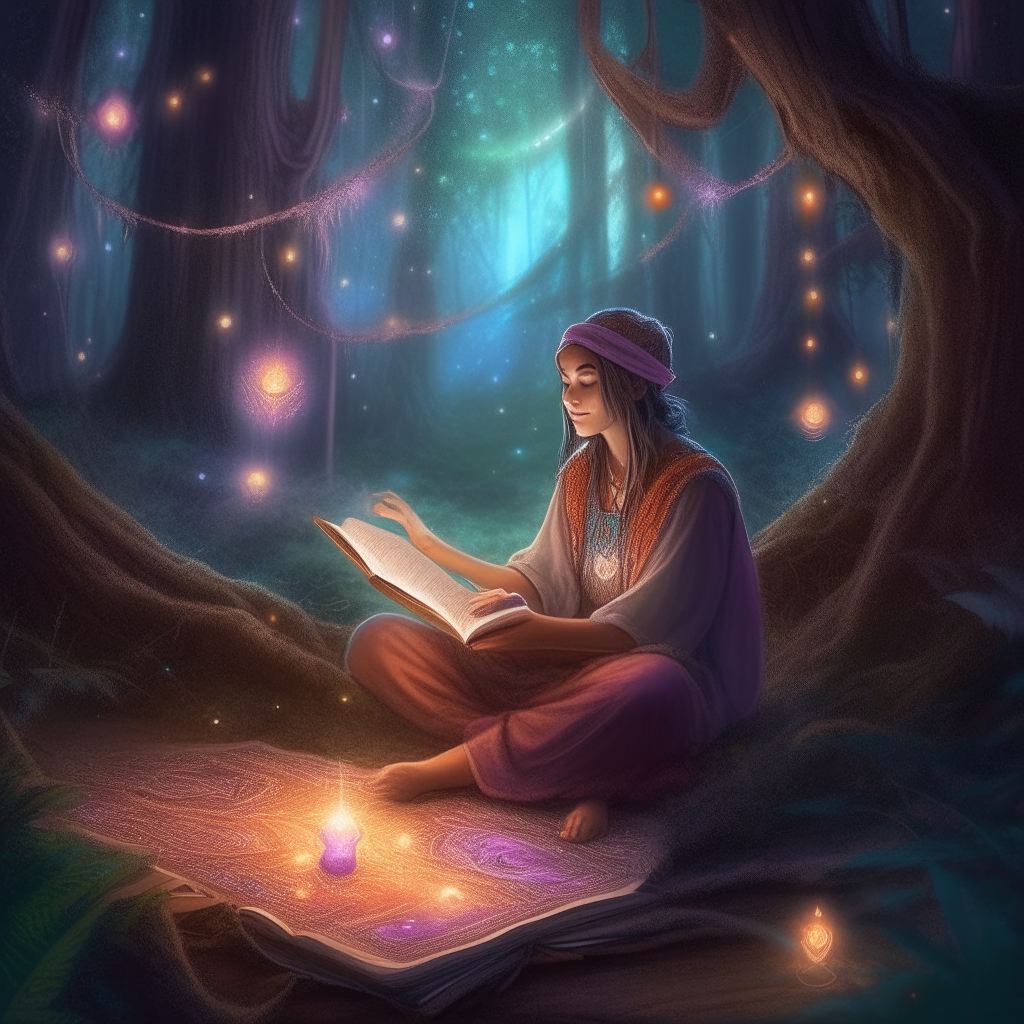 ultra realistic illustration of a magical spiritual psychic reader who came from Arcturus, working on Earth. They sit in a magical forest under colorful lights, deep in a meditative reading. Intricate space graphics glow in the background.