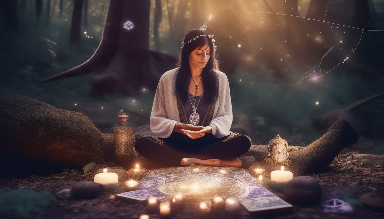 A spiritual decoder sits cross-legged in a forest clearing, surrounded by glowing crystals and candles. They close their eyes in peaceful meditation as psychic energy flows between them and a client.