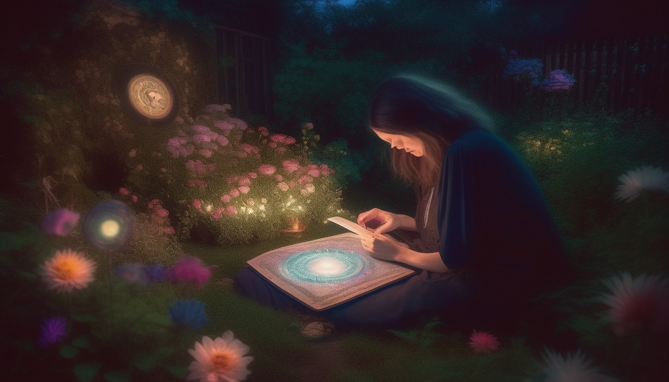 A spiritual decoder offers a psychic reading to a client in a moonlit garden. Flowers bloom all around them as the decoder feels the spiritual energies and sees visions to share.