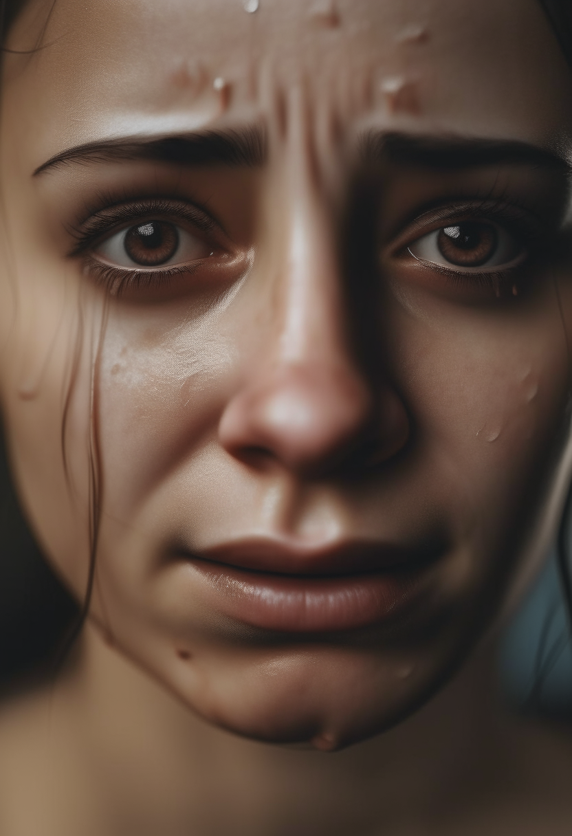 A woman with clear features, brown face and eyes, shedding tears in sadness 