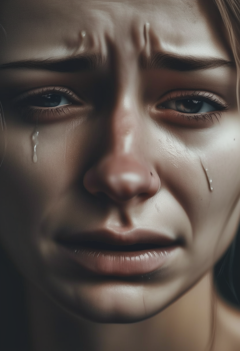 A clear face of a woman with beautiful features, crying and shedding tears in a sad state 