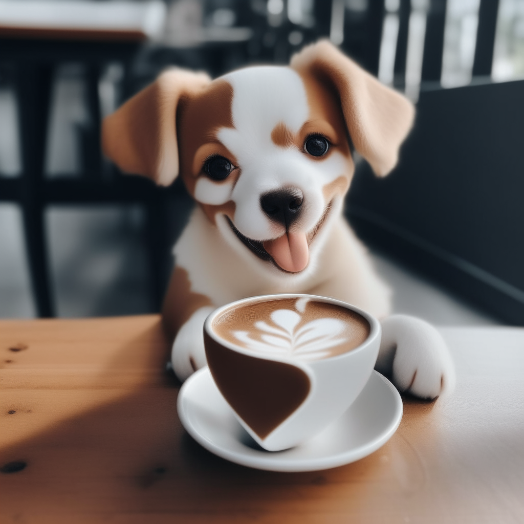 a happy puppy drinking a latte with heart-shaped foam art in a cup on a table