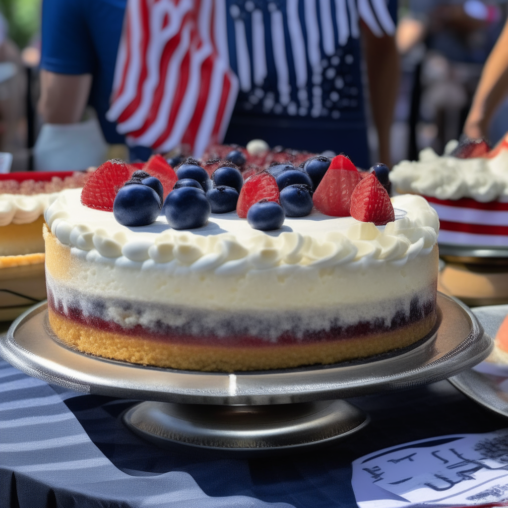 A cheesecake with strawberries, blueberries and whipped cream arranged in the pattern of the American flag, sitting on a table at a 1960s civil rights rally with protest signs and diverse activists in the background.