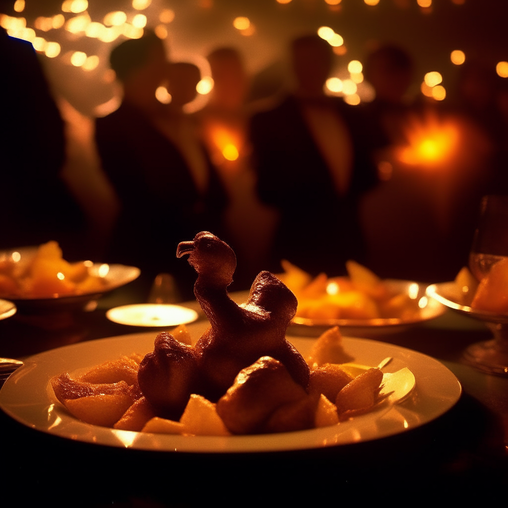 A plate of orange glazed duck meat glistening under disco lights at a 1970s party, with dancing silhouettes in the background.