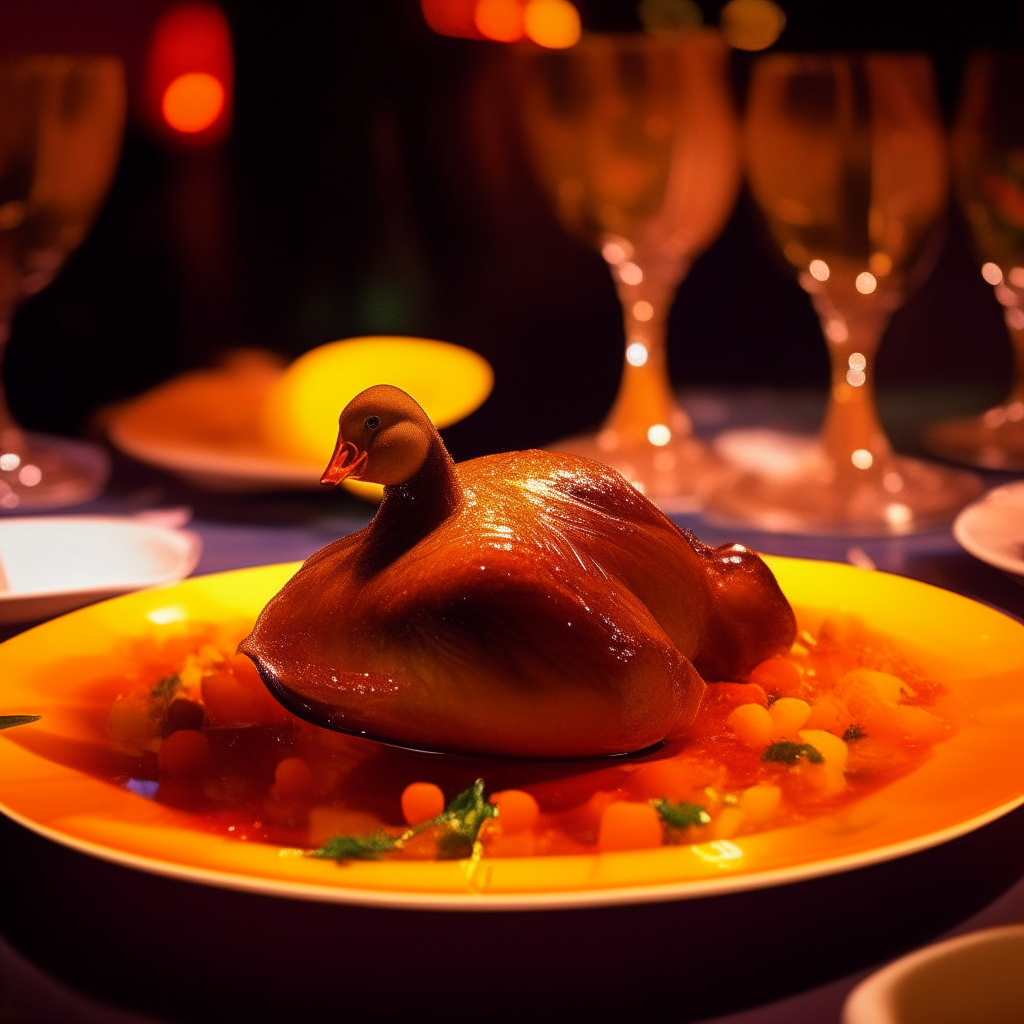 A dish of orange glazed duck meat sitting on a VIP table at a 1970s disco party, with disco lights reflecting vibrant colors onto the glazed duck.