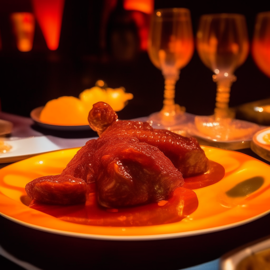 A plate of orange glazed meat sitting on a VIP table at a 1970s disco party, with disco lights reflecting vibrant colors onto the glazed meat. The meat no longer resembles a duck.