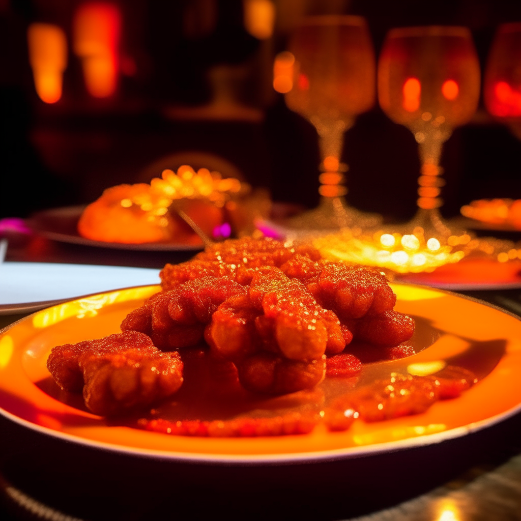 A plate of orange glazed meat sitting on a VIP table at a 1970s disco party, with many bright disco lights reflecting vibrant colors onto the glazed meat. The lights fill the entire background.